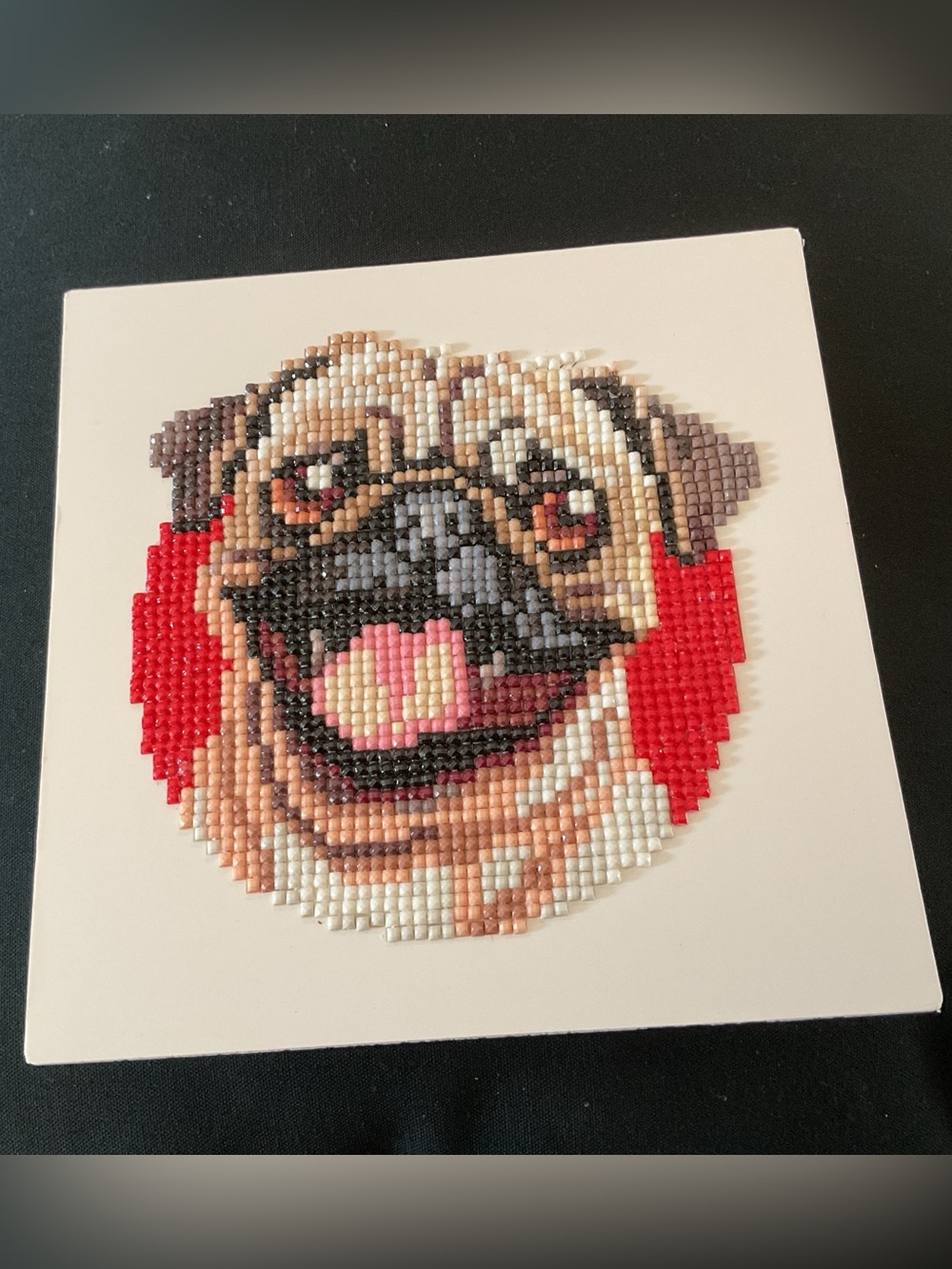 Diamond Art  Pug Wall Art - Red, Beige, Black. Lovely gift.